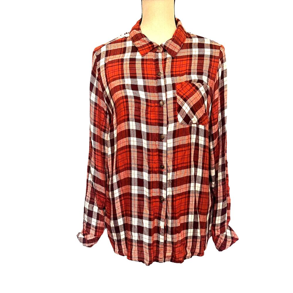 Linda Anderson Crochet Back Plaid Womens Shirt Sz S Boho Western Indie Grunge - Picture 2 of 15